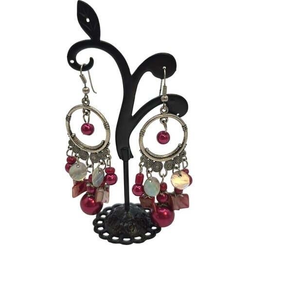 Boho Silver & Red Dangle Hoop Earrings With Shell‎ & Bead Accents - Picture 1 of 1